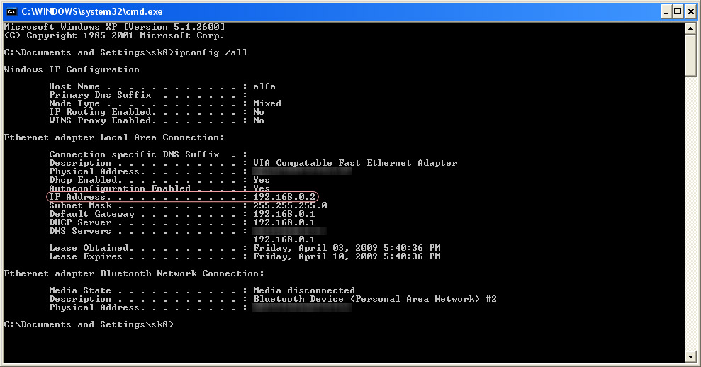 ipconfig result